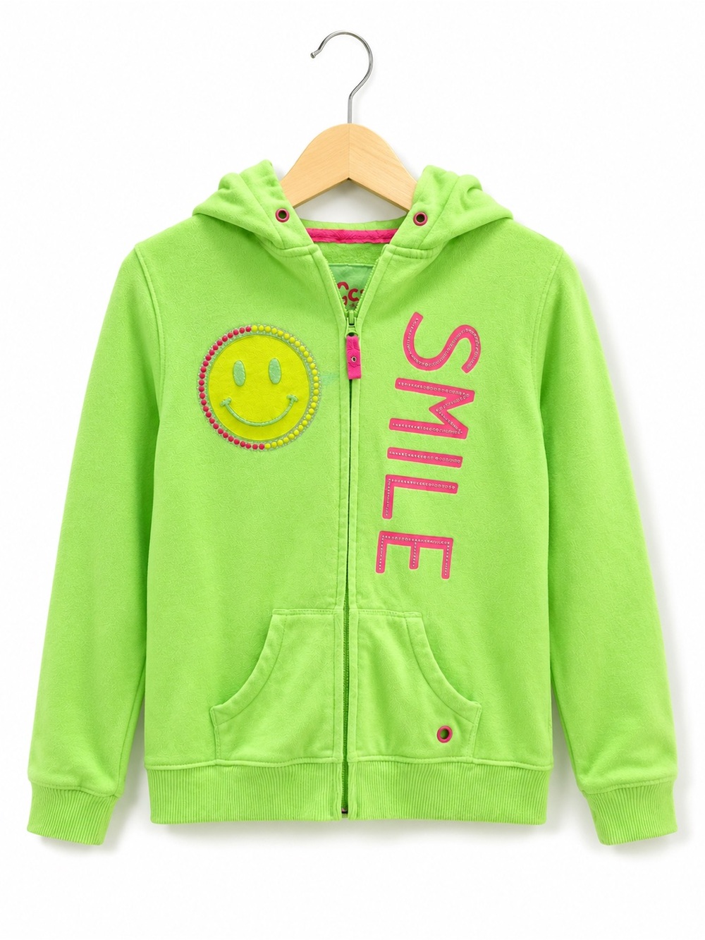 SO Girls Lime Green Smiley Face Rhinestone Zip Hoodie Graphic Sweatshirt M 10/12